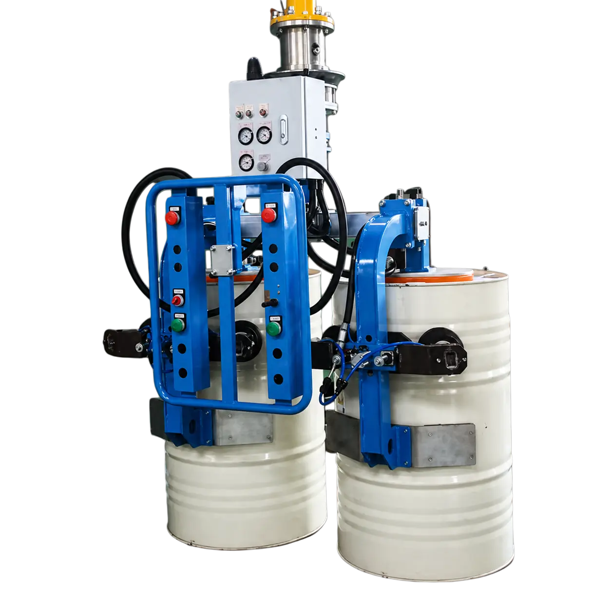 Side vacuum grip barrel handling equipment for open-top containers and restricted top access